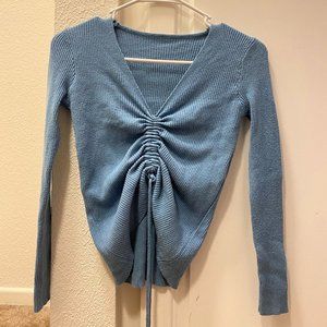 Blue Ruched Drawstring Front Crop Top